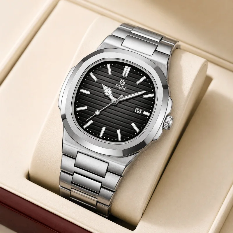 New stylish and high-end business-style men’s watch with a steel band, featuring a calendar display, a sophisticated and luxurio