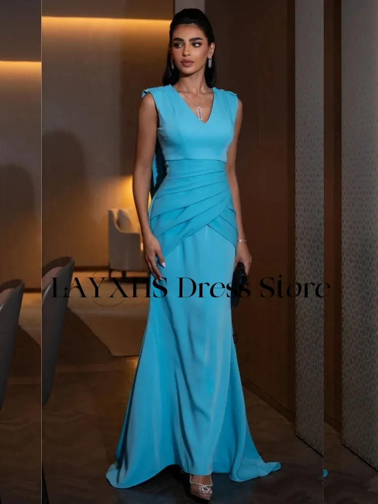 LAYXHS Elegante blaue Meerjungfrau-Abendkleider mit V-Ausschnitt und Falten, bodenlang, Damen-Abschlussballkleider, individuell gestaltet
