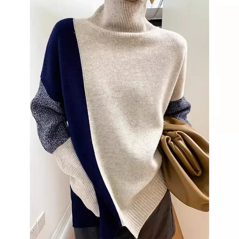 

Patchwork Sweater Women Korean Winter Knitted Pullover Vintage Irregular Casual Tops Thickening Loose Warm Turtleneck Sweater