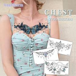 VeeCharm - Chic Sexy Flower Temporary Tattoo Stickers,Decal for Chest,Collarbone,Attractive Body Art for Women,1/11/22 Sheet