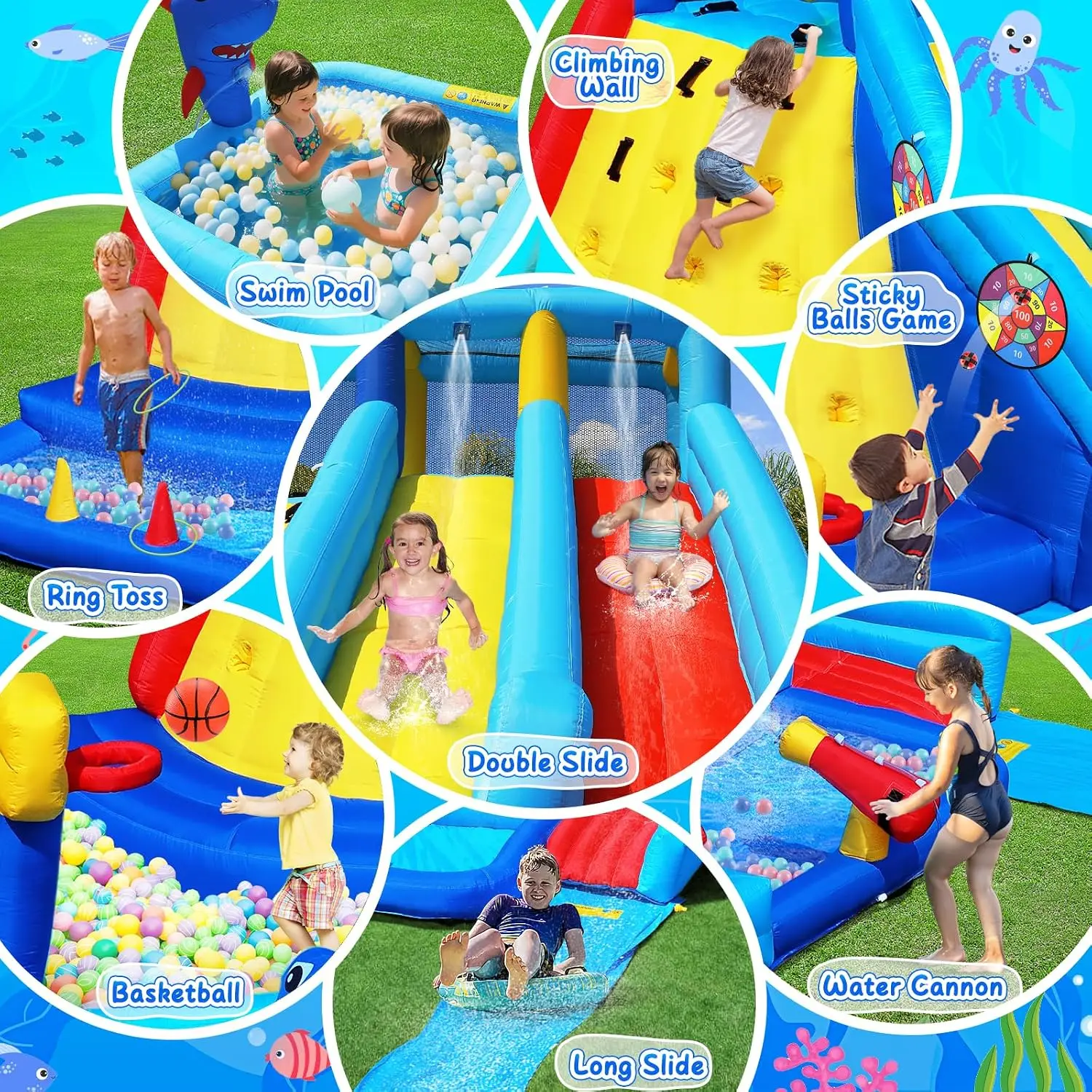 Inflatable Bounce House with Long Water Slide for Kids Ages 3-10, Water Bouncy Playhouse