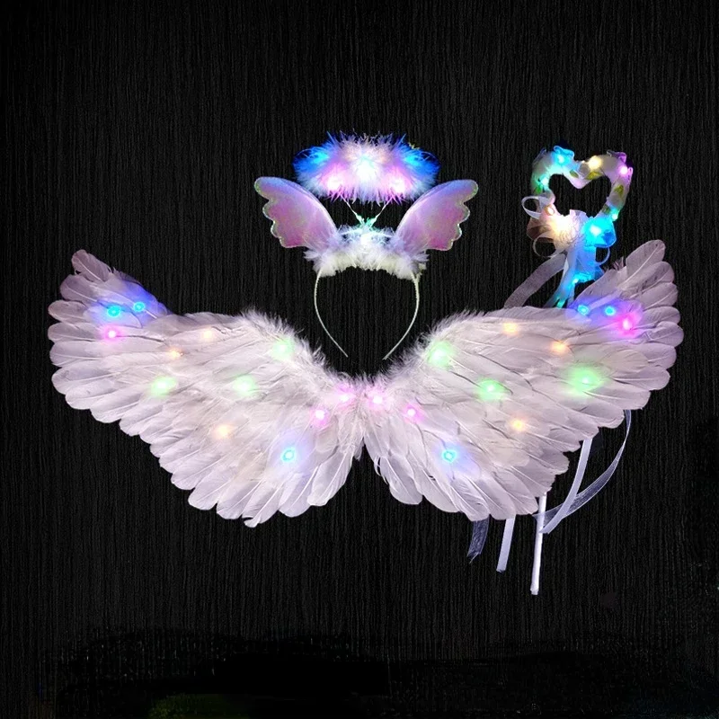 Adult Children LED Light Up Flashing White Feathers Angel Wings Performance Props Stage Shows Christmas