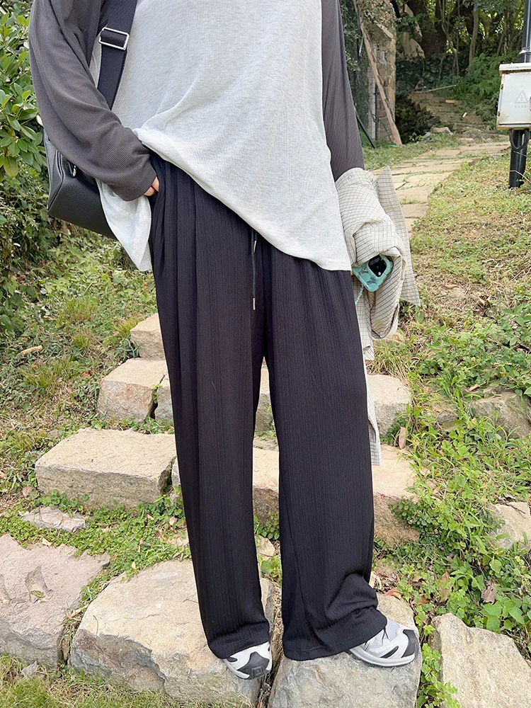 

Vogana High Waist Wide Leg Pants Straight Cut Loose Fit Textured Original Ice Cool Pants for plus Size Women Commute Sle