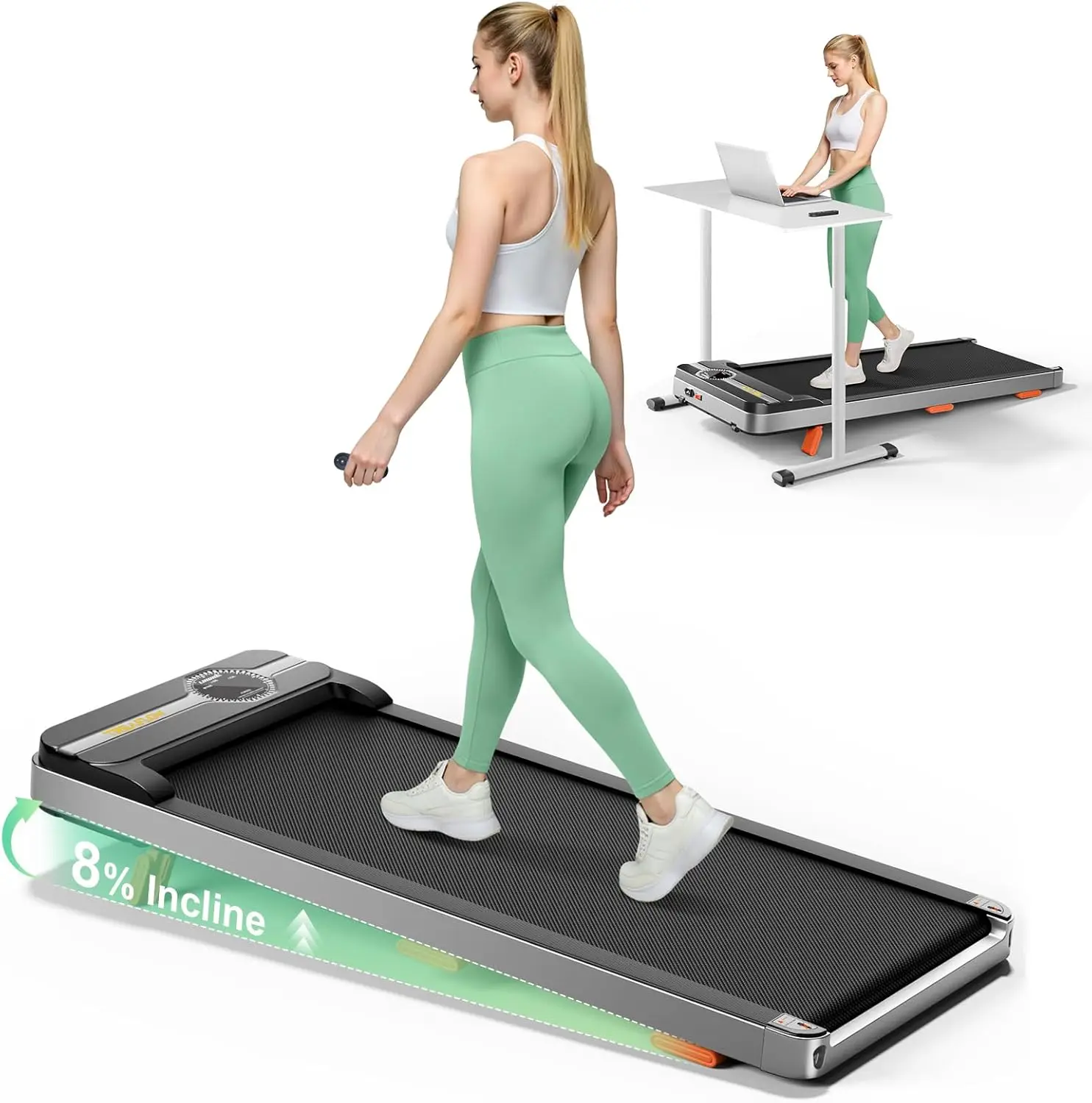 For Home Office, Steel-made Silver Walking Pad Portable Under Desk Treadmill, 2.5HP, 265 lbs Capacity, Remote Control, LED