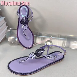 2024 New Luxury Crystal Flower Sandals Clip Toe Flat With Ankle Buckle Strap Fashion Women's Shoes Banquet Party Summer Solid