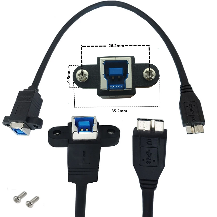 USB 3.0 MICRO B Male To BF USB-B Print Female With Fixed Screw Hole Lock Screw Data Cable Connection 5Gbps Cable 0.3m