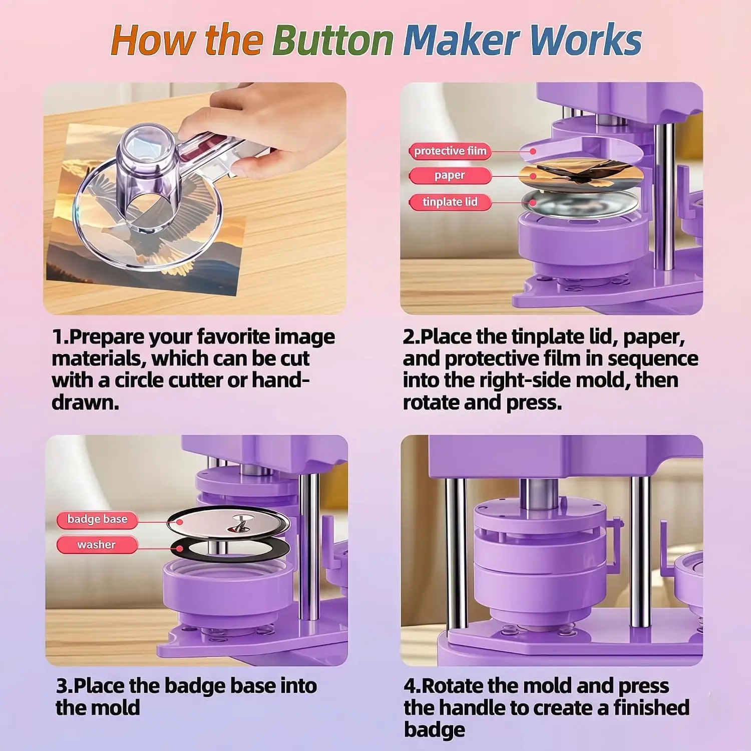 58mm Button Maker Machine Kit, Installation-Free Button Pin Maker & Pin Maker Machine with 100 Sets Supplies, Circle Cutter & Bo