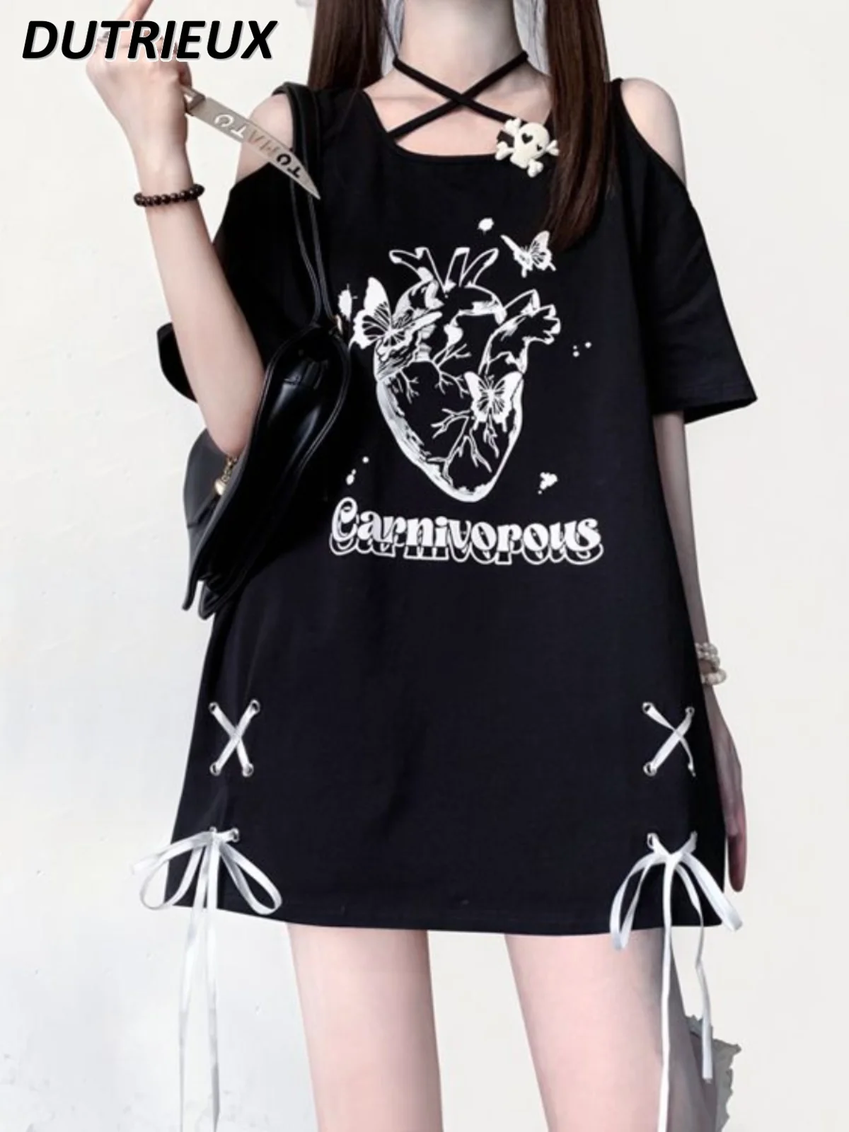 Y2k Girls Cross Off-Shoulder Lace-up Bow Sweet Short-Sleeved T-shirt Women's Summer Black Round Neck Loose Mid-Length Top