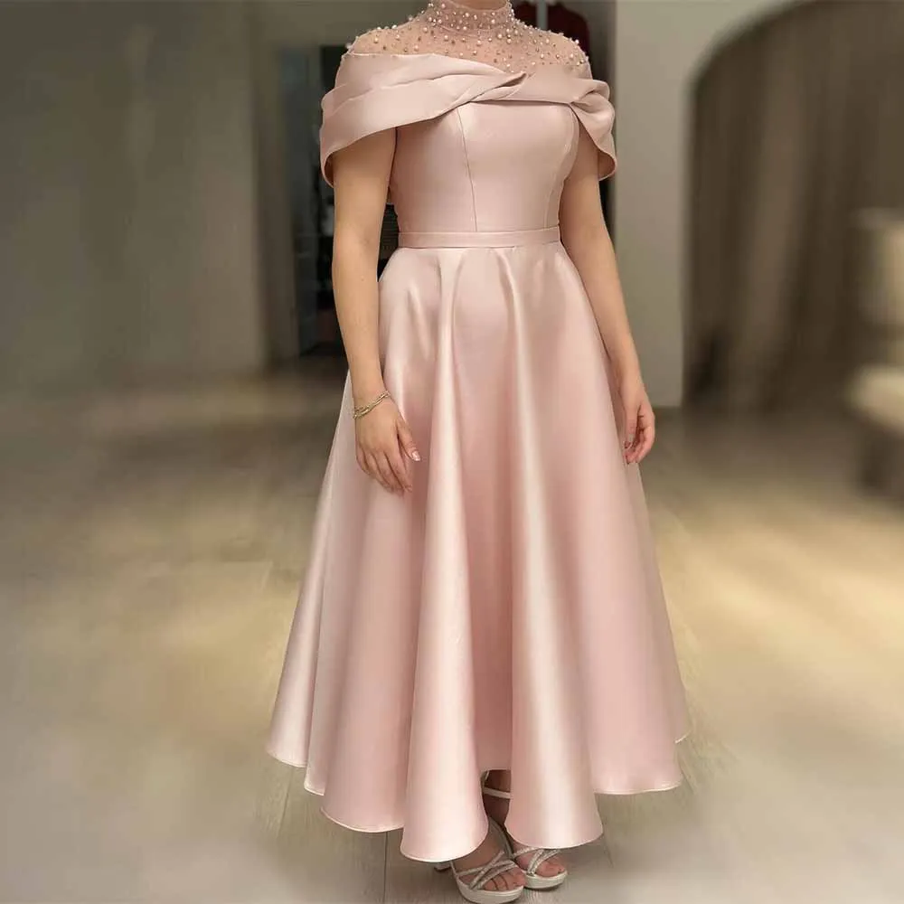 

Exquisite Mother Of The Bride Dresses Satin A-line Bridal Gown Pink High Collar Pearls Net Ruched Wedding Party Dress Midi 2025