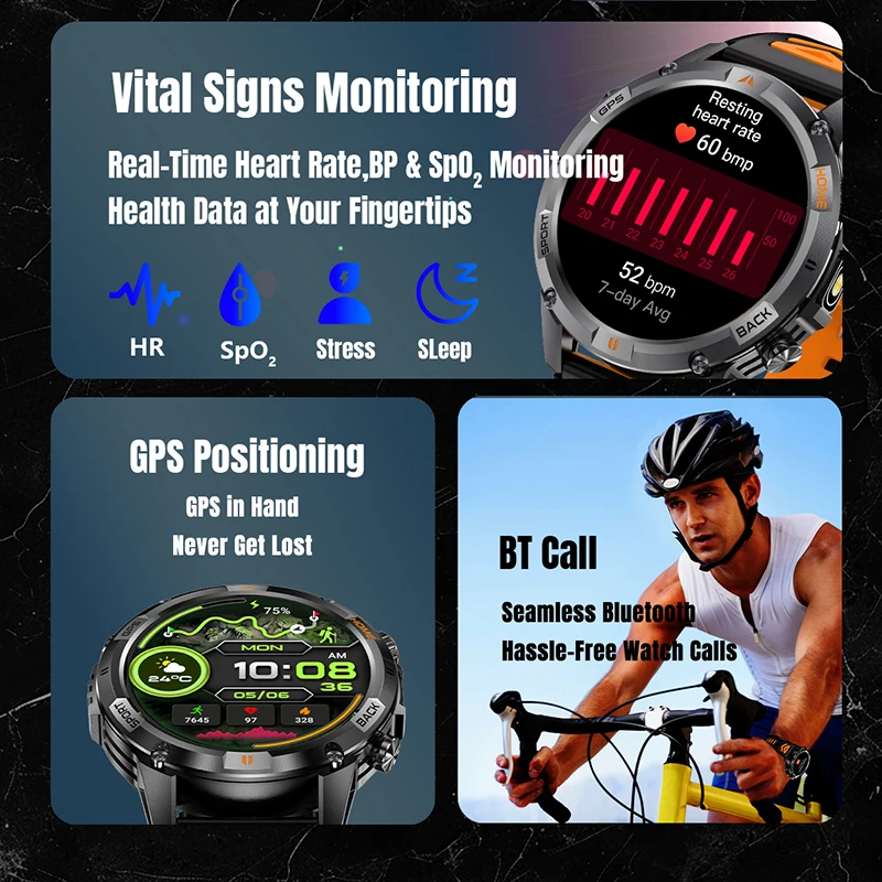 GPS البوصلة ساعة ذكية الرجال النساء الرياضة في الهواء الطلق العسكرية الصف ساعات المعصم 580mAh بطارية كبيرة مصباح يدوي BT دعوة Smartwatch #4