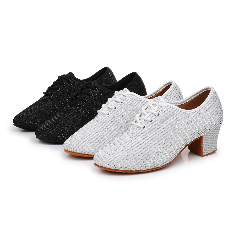 Glitter Strip Mesh Ballroom Dance Shoes Ladies Low Mid Heel Rubber Suede Sole Professional Latin Teacher Training Dance Shoes