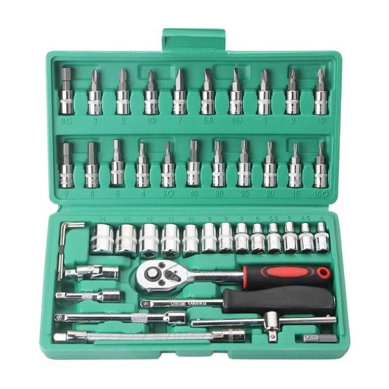 46Pcs Family Tools 1/4 Set Mechanic Tool Kits for Auto Repair Hous with Sockets Metric Hex Bit Socket Set inch Ratchet Wrench