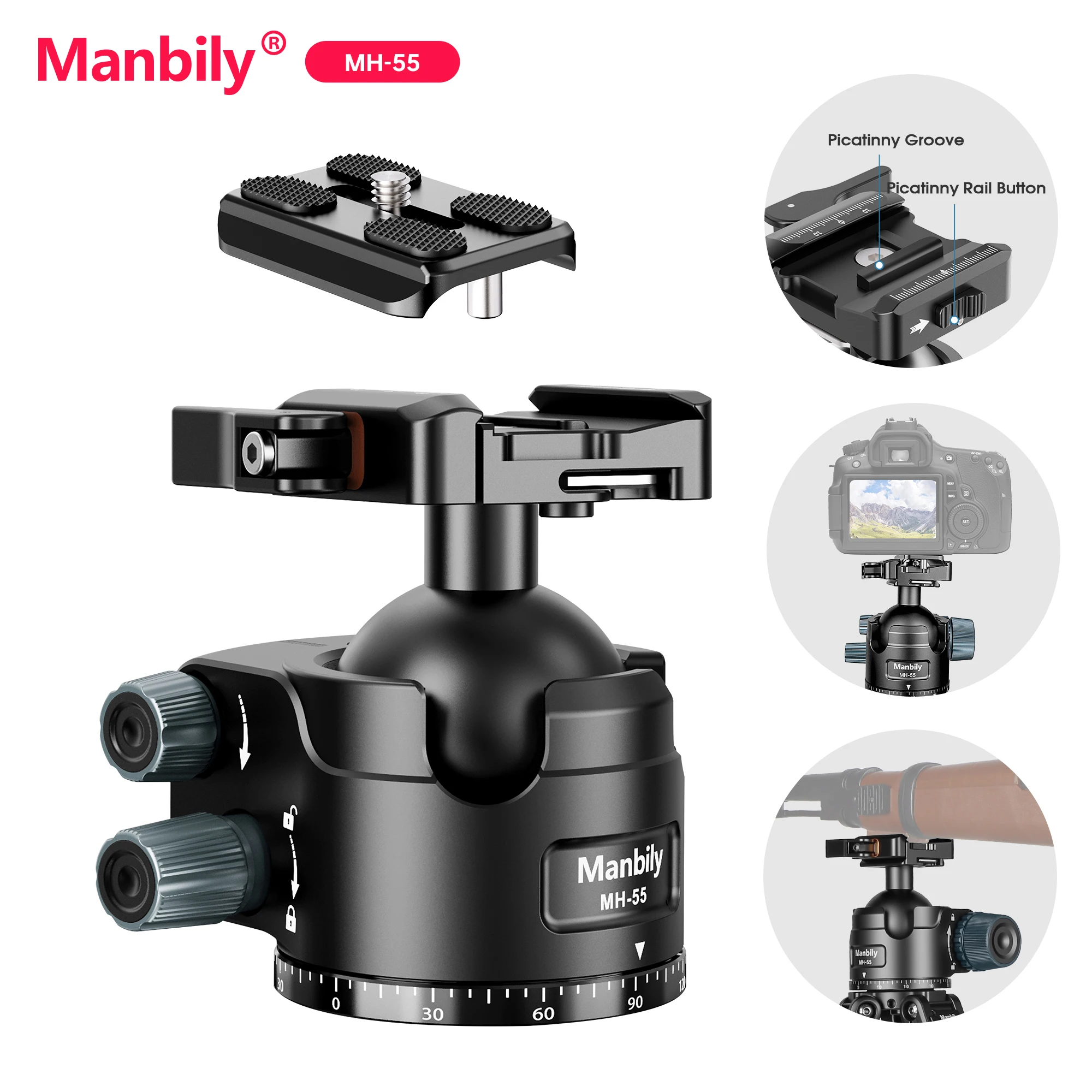 Manbily U-Groove Design Tripod Head 55mm Low Profile Ball head With Lever Lock Quick Release Plate Clamp For Camera Monopod DSLR