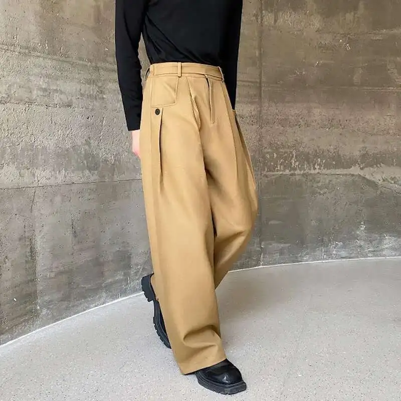 Men's Trousers Solid Color Korean Style Wide Leg Straight Leg Casual Pants Trend  Spring Summer Belt Design