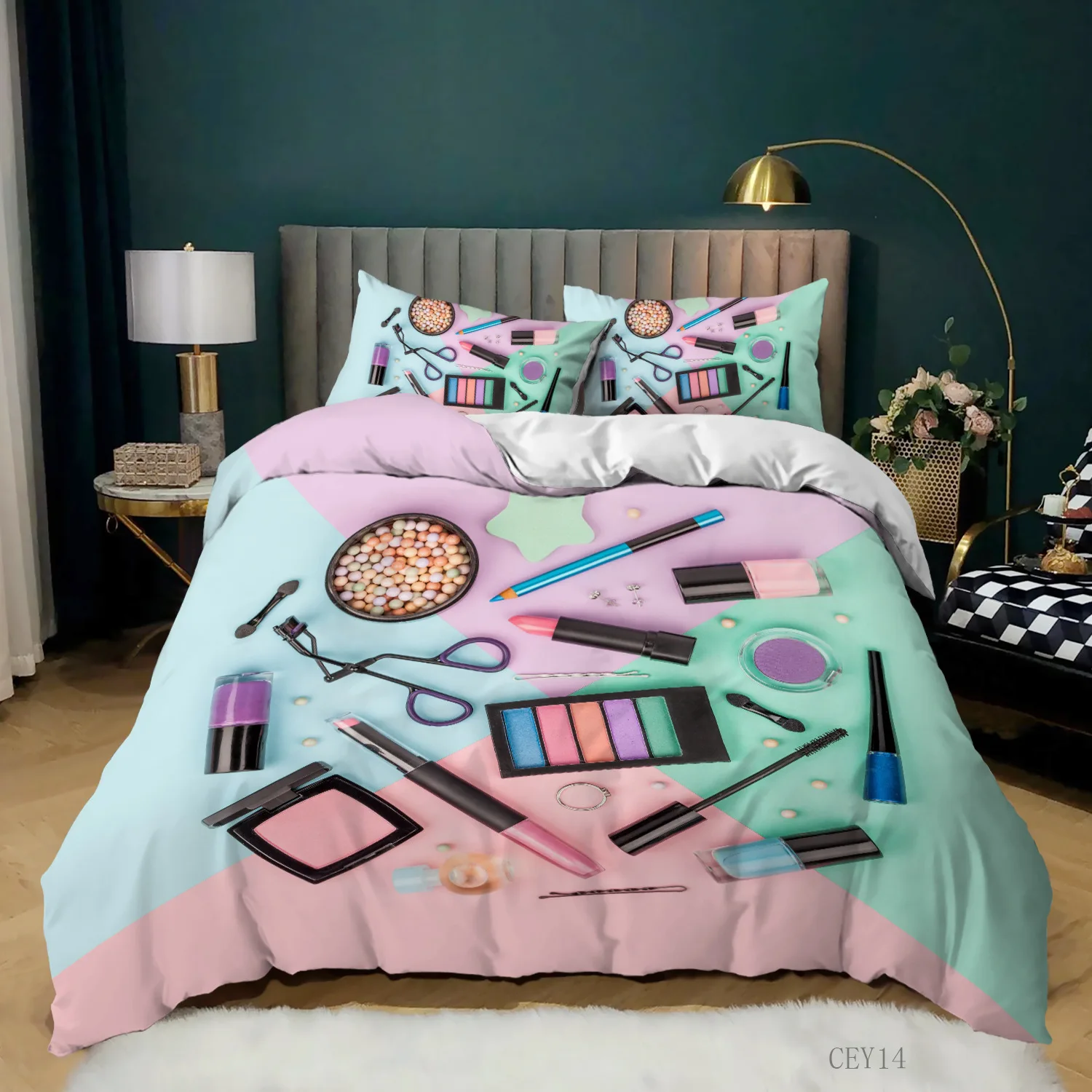 

Cosmetic Duvet Cover Set King Size Makeup Theme Bedding Set Lipstick Mascara Eye Shadow Modern Soft Microfiber Comforter Cover