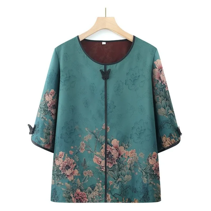 New Chinese Style Plus Size Women Floral Print Three Quarter Sleeve Top For Elderly Summer S-6XL