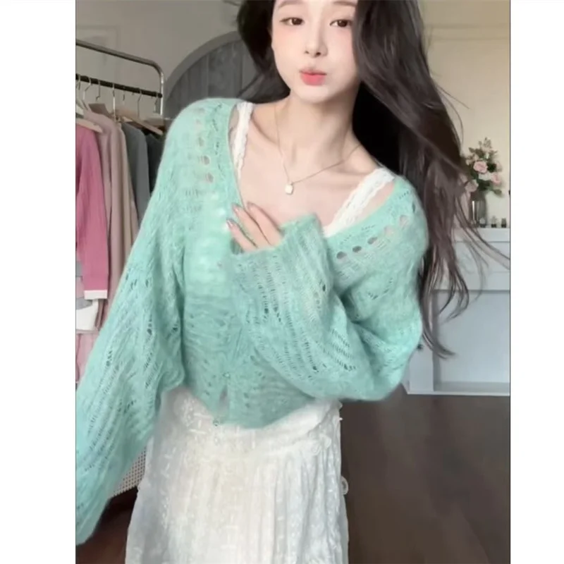 

Зеленый вязаный кардиган с кружевом, тонкий, для защиты от солнца, новый стиль, свитер-шаль, весенне-осенняя верхняя одежда, женская мода