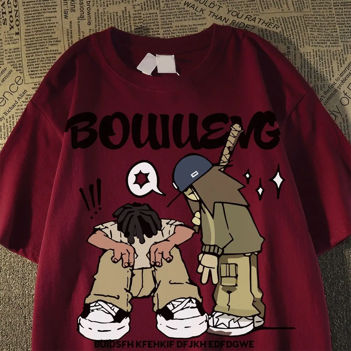 

Korean style ball free burgundy cartoon print street hip hop short sleeved T-shirt for men and women loose and versatile top ins