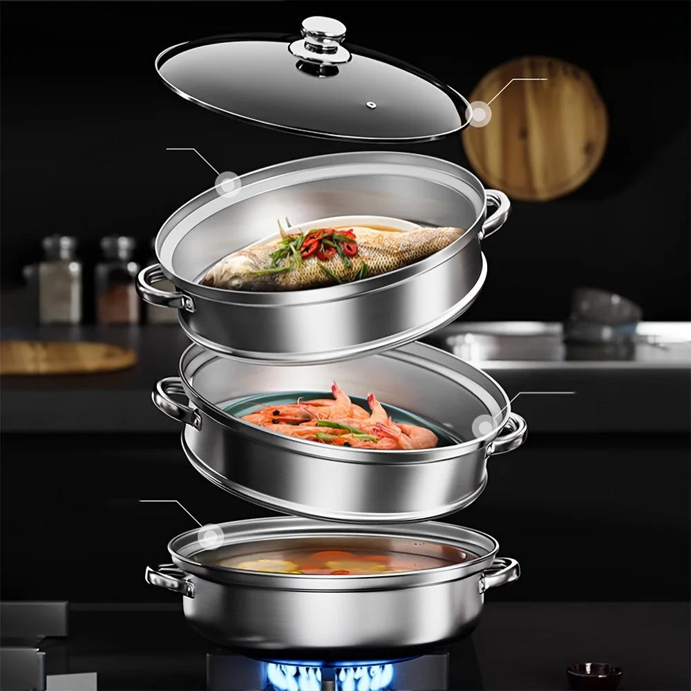 

2/3-layer Stainless Steel Steamer, Thickened Material, Durable and Easy to Clean! Outdoor Cooking Utensil with 2 Handles