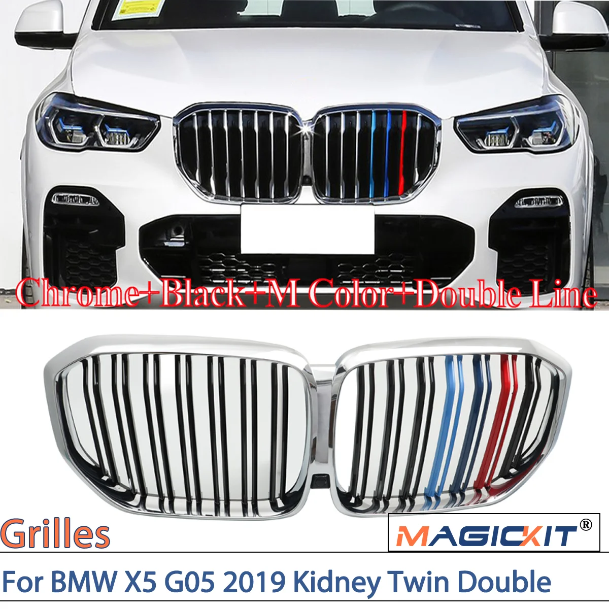 MAGICKIT One Pair Front Grilles Chrome+M Color For BMW X5 G05 2019 Kidney Twin Double car accessoires M Look style front grills