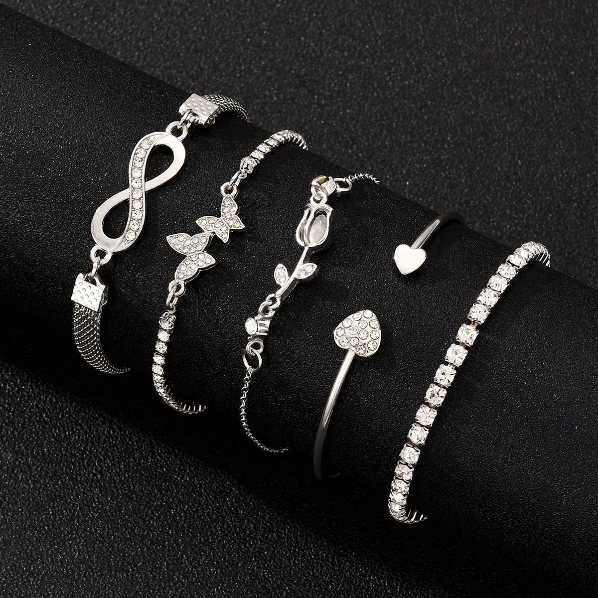 5Pcs Vintage Elegant Heart Butterfly Bracelets For Women Silver Color Rose Infinity Crystal Bracelets Sets Fashion Jewelry Gift