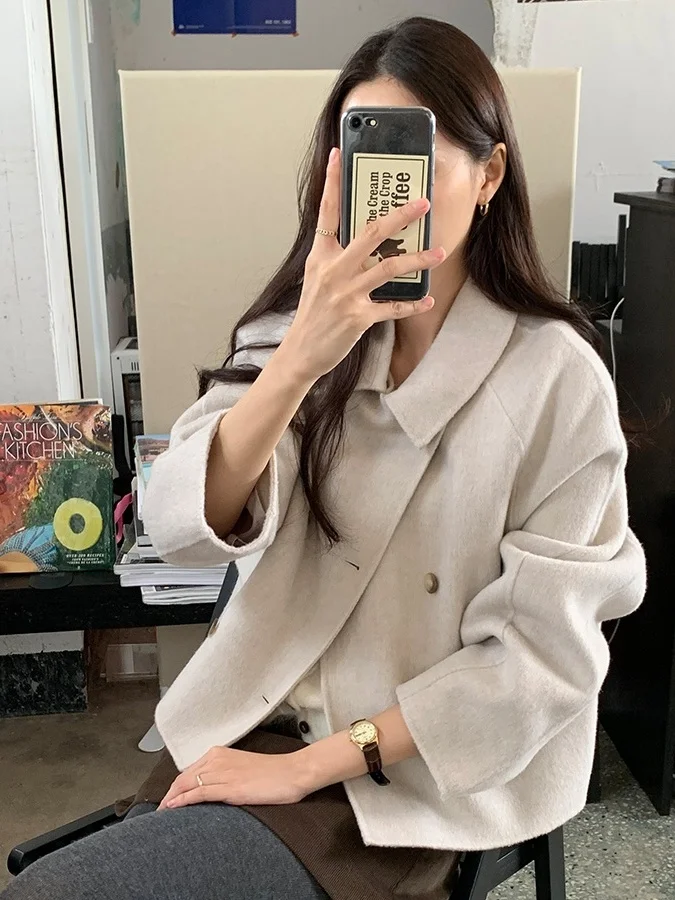 

Chic ort Woolen Coat Women's Faionable Vintage Lapel Double Buttoned Outerwear Top Commute Sle Pure Color Long Sve