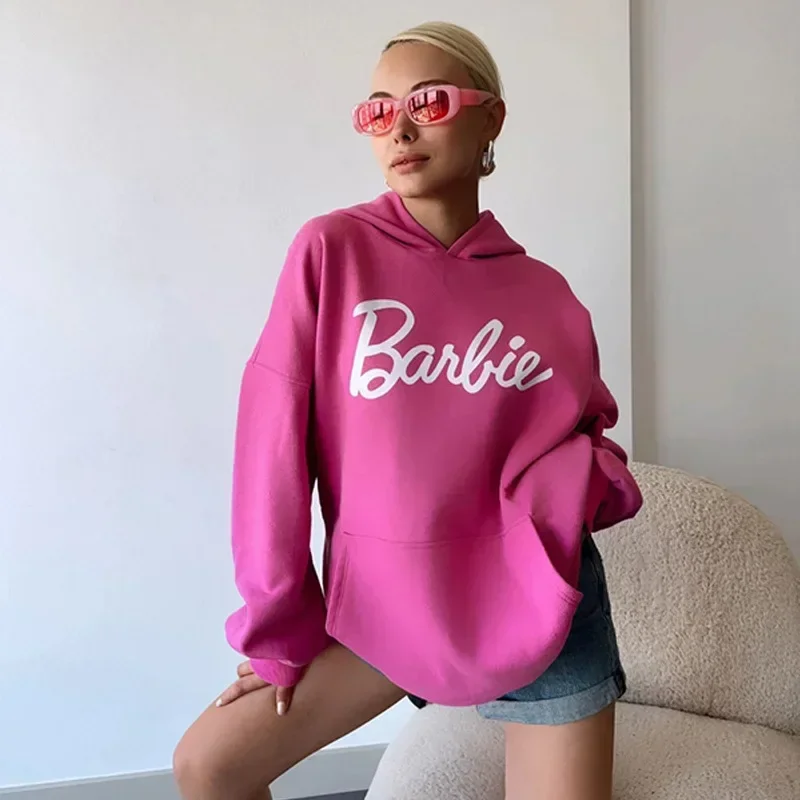 Barbie Casual Pink Letter Print Loose Hooded Sweatshirt Anime Hoodie Hip-hop Versatile Girls\' Tops with Long Sleeves Inner Wear