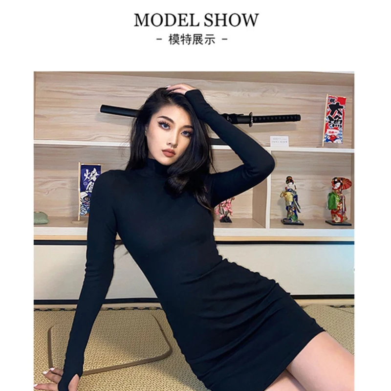 Womens dresses Fashion temperament Long Sleeve Solid Color Black Slim Package Hip Mini Dress Female sexy Clothing Streetwear