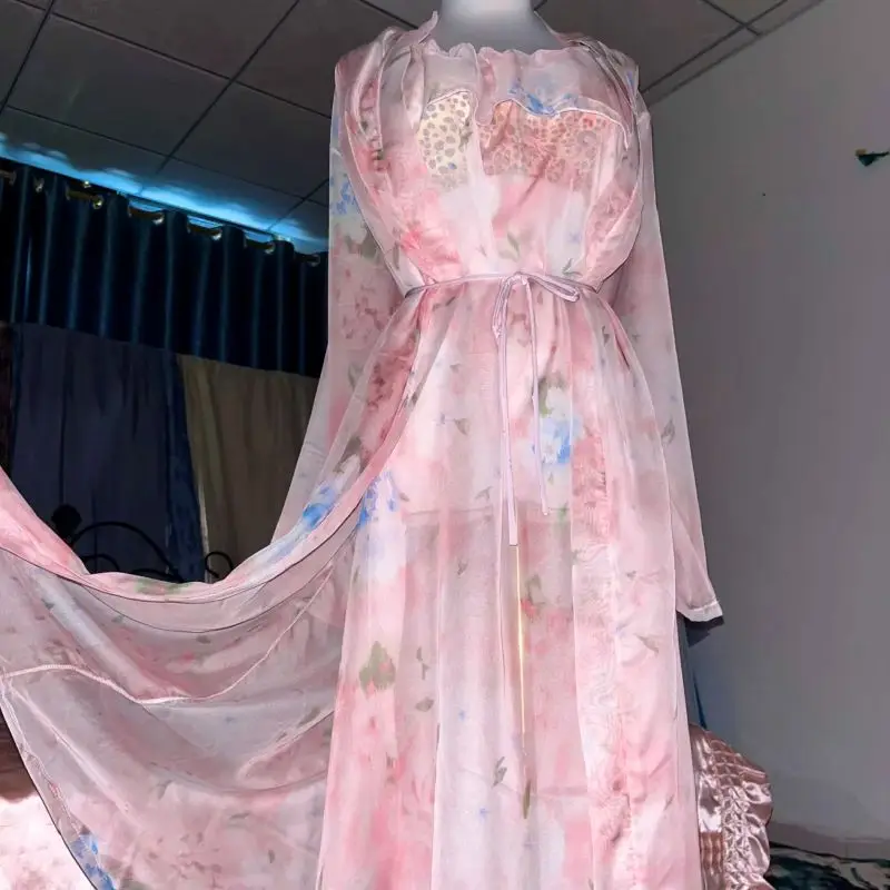 

Pink Silk Printed See Through Suspender Nightgown Set Ruffled Suspender Dress Robe With Belt Silky Touch Nightdress Plus Size
