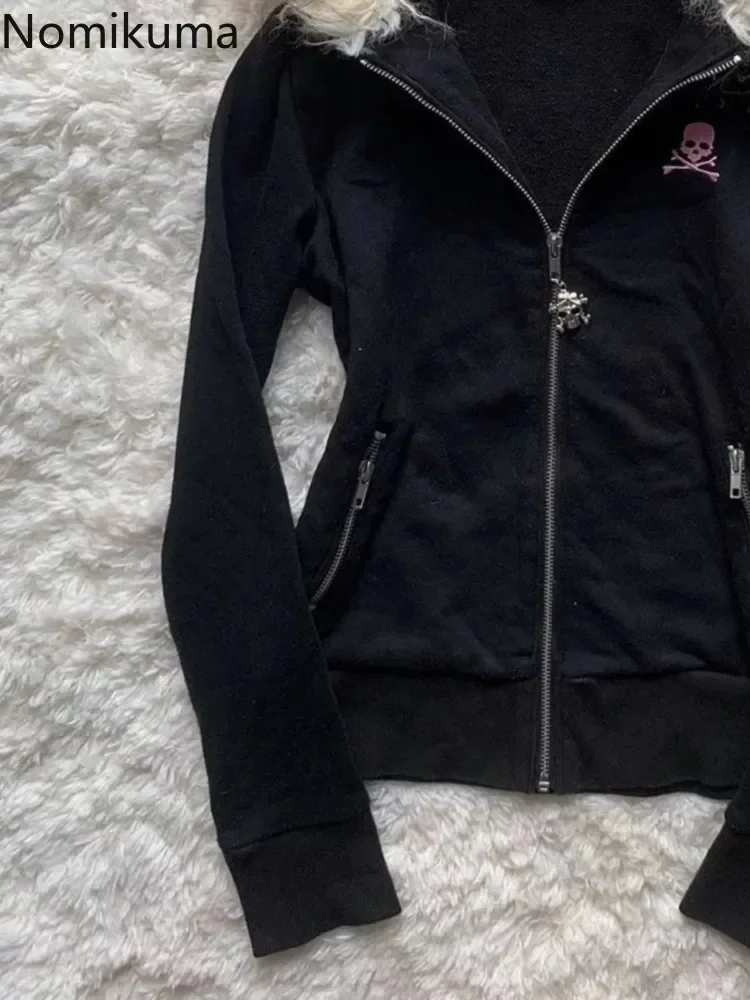 Sudadera gótica negra para mujer, ropa con letras bordadas de calavera y cremallera, abrigo Y2k, chaqueta con capucha de moda, sudaderas japonesas,