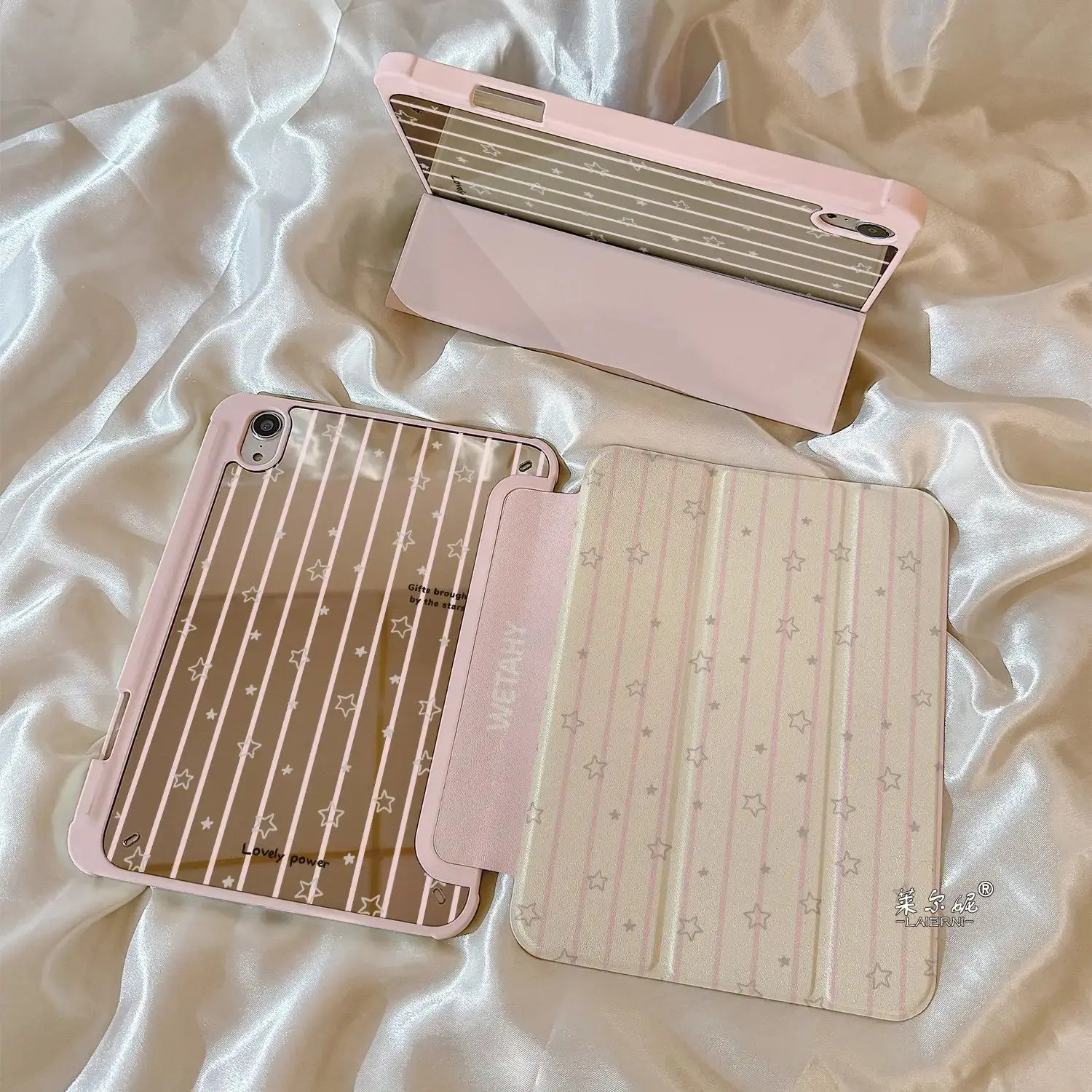 Korean Stripes Stars Mirror Design For iPad Case iPad 11 Air 1 2 3 9 8 7 Pro 13 Mini 6 10 (10.9” 10.2”) Anti-Bend Tri-Fold Cover