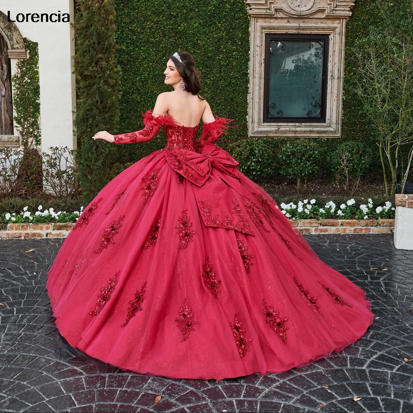 Customized  Red Quinceanera Dress Ball Gown Long Sleeve Lace Applique Beaded Bow Mexico Sweet 16 Vestidos De 15 Años YQD825