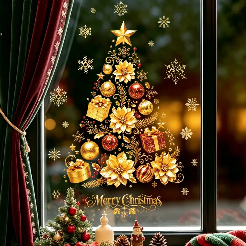 No Glue Removable Window Sticker Decal Gold Christmas Tree Electrostatic Window Cling Snowflake Gift Christmas Party Decoration