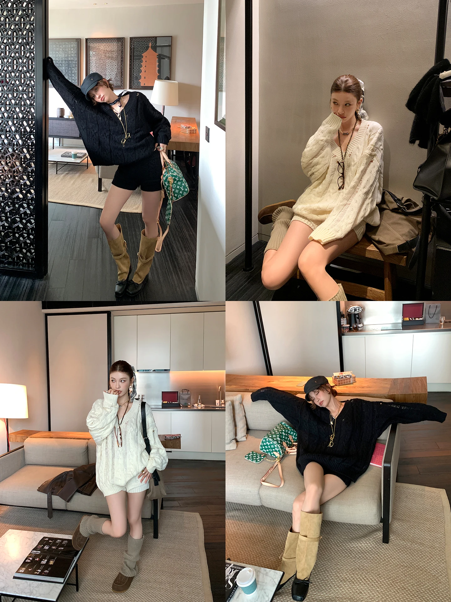

DULA Cozy Autumn Winter Wool Blend Sweater And orts Set Women's V-Ne Knitwear Turtlene Long Sve Casual Faion