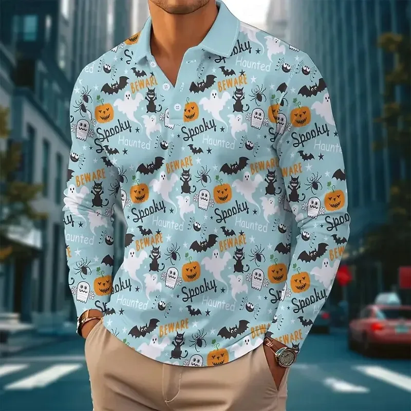 

Halloween Theme Men's Pumpkin Ghost Long Sleeve Polo Shirt Breathable Casual Top Slim Fit Quick Dry Classic Collar Multi Colors