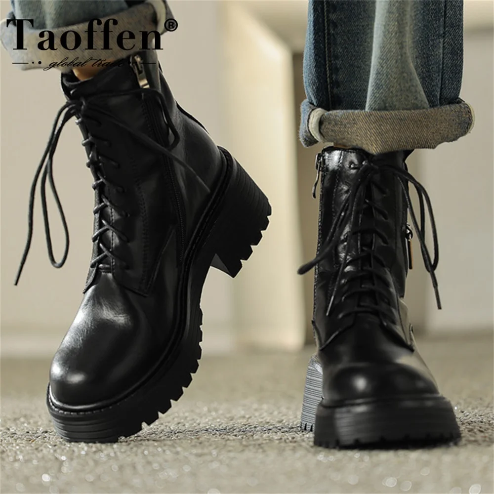 Taoffen Genuine Leather Women Chunky Motorcycle Boots 2023 Chic Low Heel Ankle Booties Buckle Lace Up Knight Boots With Zipper