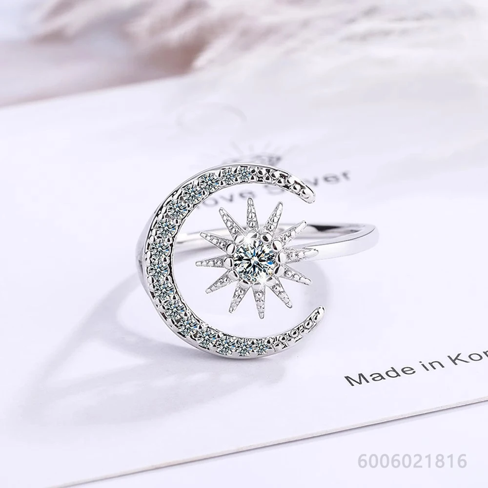 925 Sterling Silver Gold Zircon Moon Sun Wedding Open Ring For Women and Men Fashion Jewelry Grace Noble Engagement Accessories