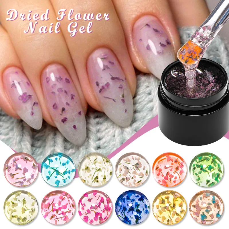 MEET ACROSS 5ml Sparkly Dried Flower Gel Nail Polish Pink Purple Glitter Nail Art All For Nails Decoration Soak Off  Gel Vernis