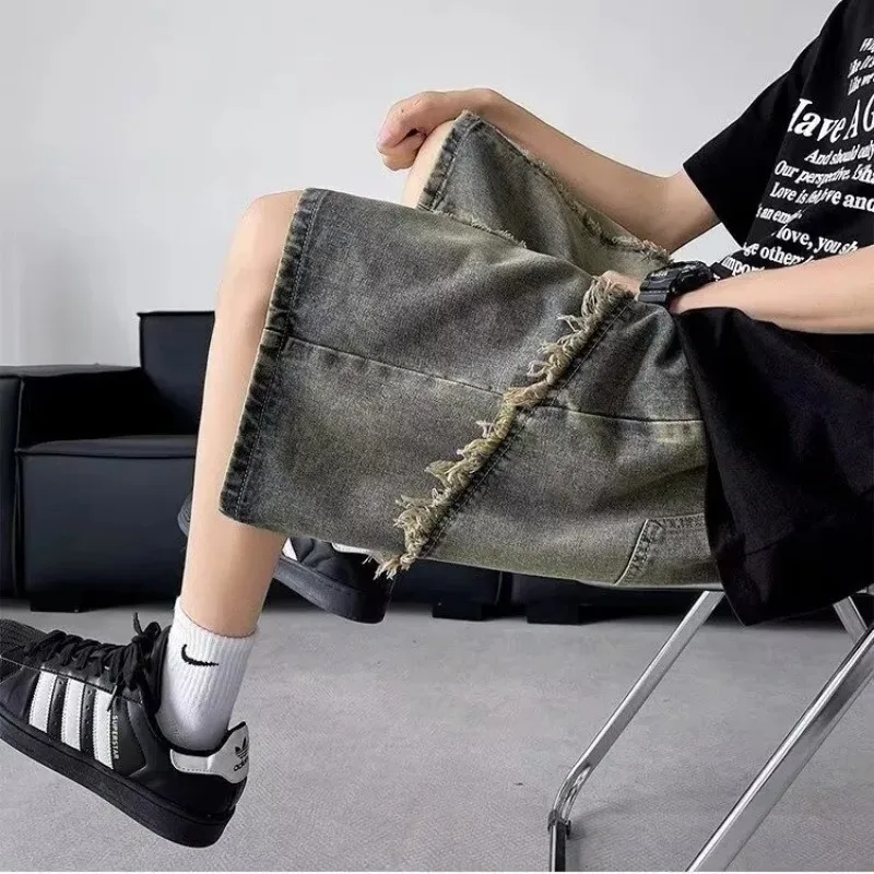 Picture 6: Young Style American Distressed Loose Denim Shorts Men's Clothing Vintage Straight Summer High Street Rough Selvage Knee Pants