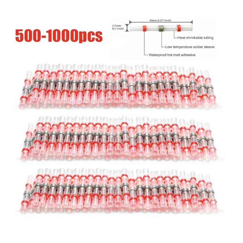100/500/1000PCS Waterproof AWG22-18 Red Solder Seal Sleeve Splice Terminals Copper Heat Shrink Electrical Wire Butt Connectors