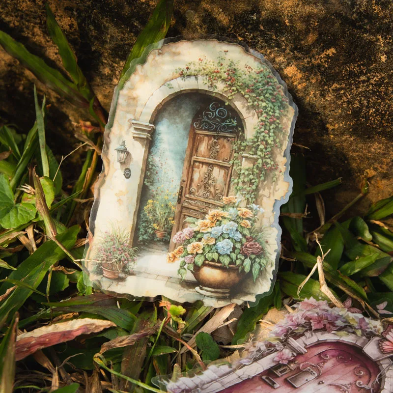 

5Pcs Vintage Window Scenery In Front of The Door Decorative Sticker Scrapbooking Cards Retro Background Decoration Paper