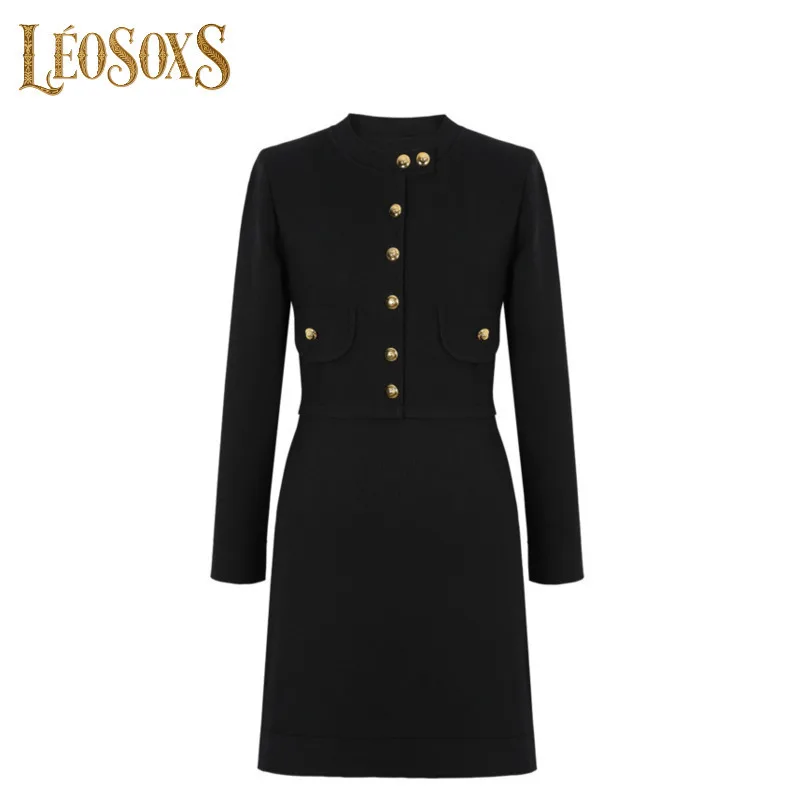 LEOSOXS Czarna Sukienka Damska z Długim Rękawem Złote Guziki Wąska Krótka Spódniczka Luksusowa Sukienka Ołówkowa Dzianinowa Odzież na Jesienne Przyjęcia 2025