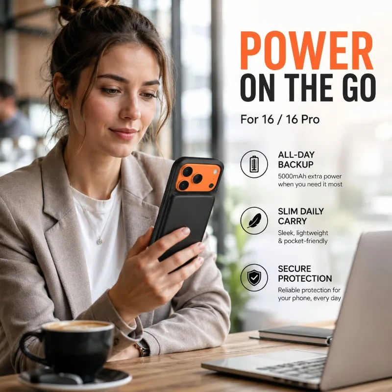Compatible with 16 Pro 16 5000mAh Battery Case Anti Drop Power Display Kickstand Slim Protective Backup Charging Power Bank Case