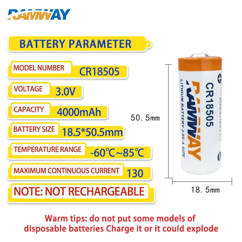 RAMWAY CR18505 3.0V Li-MnO2 Battery emergency rescue position light, smoke alarm, infrared sensor, heat meter, alarm