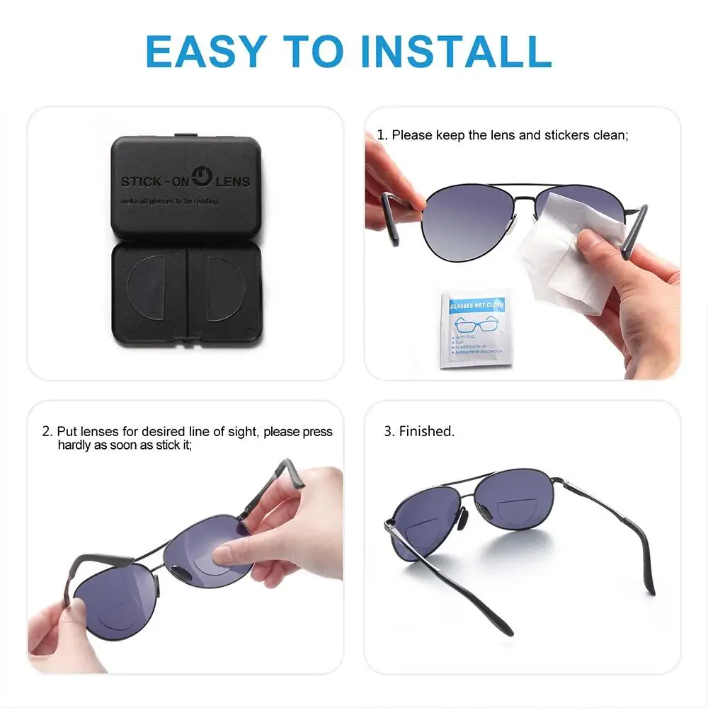 Anti Blue Light Stick-on Magnification Bifocal Lenses Adhesive Stick Reading Lenses Reusable for Safety and Sunglass 1.25 1.75