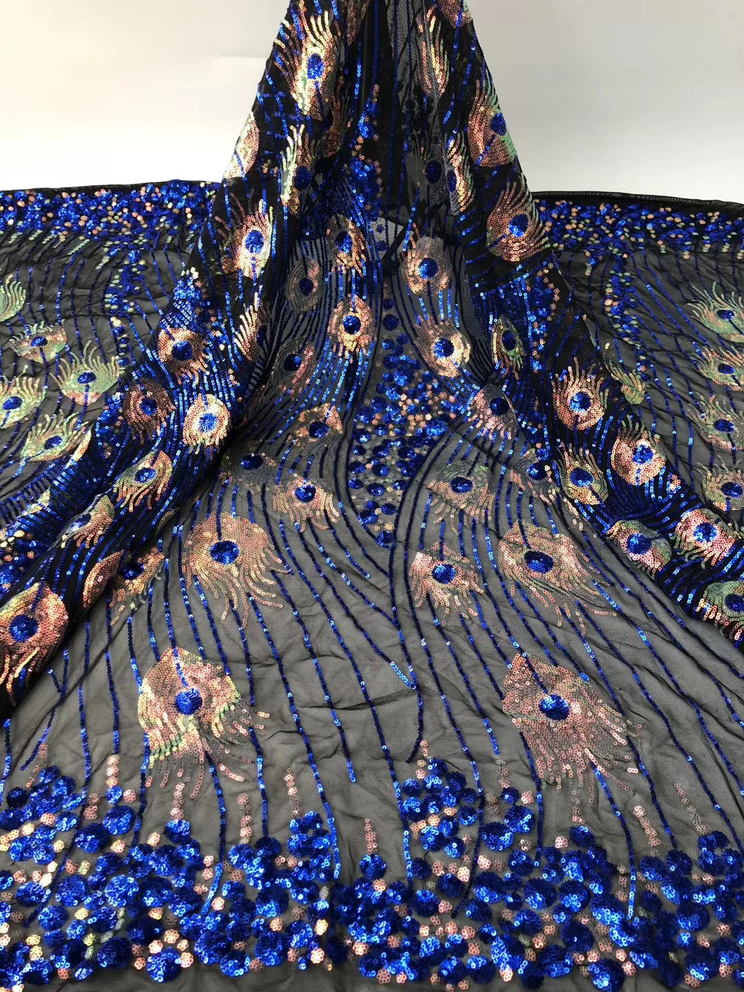 Royal Blue Embroidery Flower Sequins Peacock  African Lace Fabric for Dress Wedding Party Sewing Wide 125cm Sold By The Yard