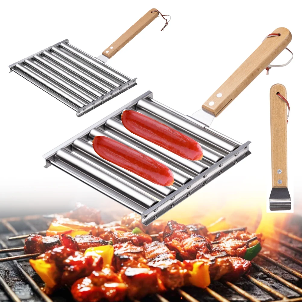 Hot Dog Roller with Wood Handle BBQ Hot Dog Griller Stainless Steel Barbecue Sausage Roller for Evenly Cooked Hot Dogs