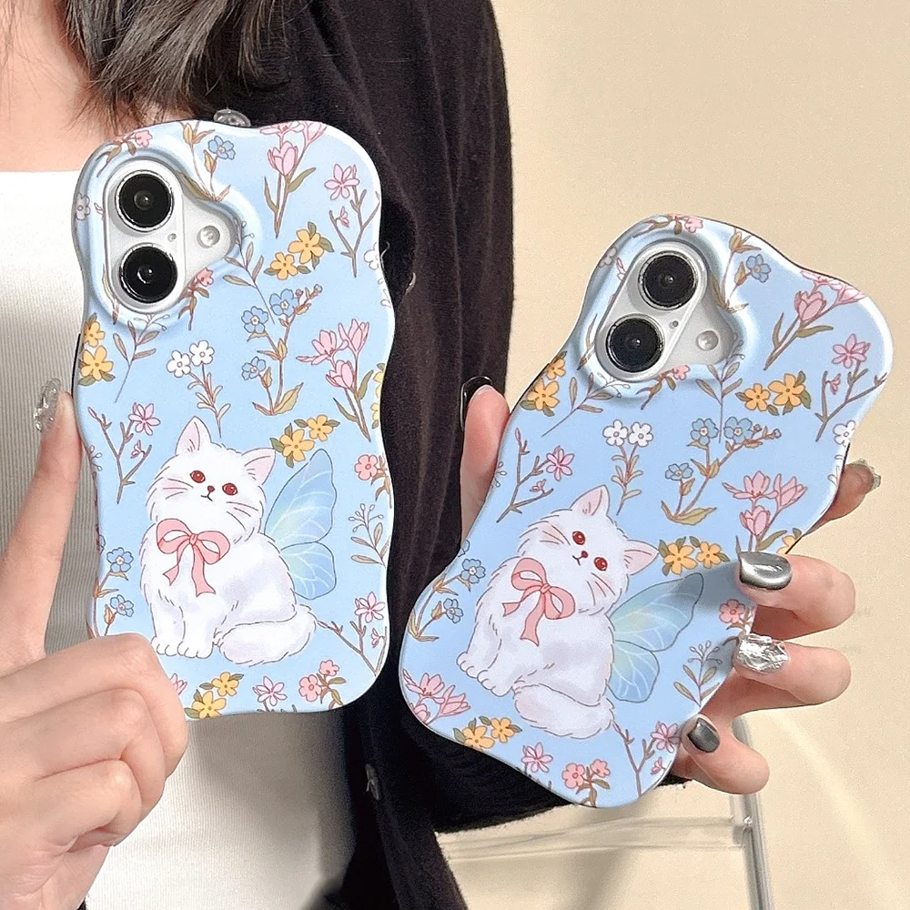 

Новый корейский чехол для телефона 2-в-1 с мультяшным принтом (синий бант, кошка, цветы) для iPhone 17, 16, 15, 14, 13 Pro Max, защитный чехол