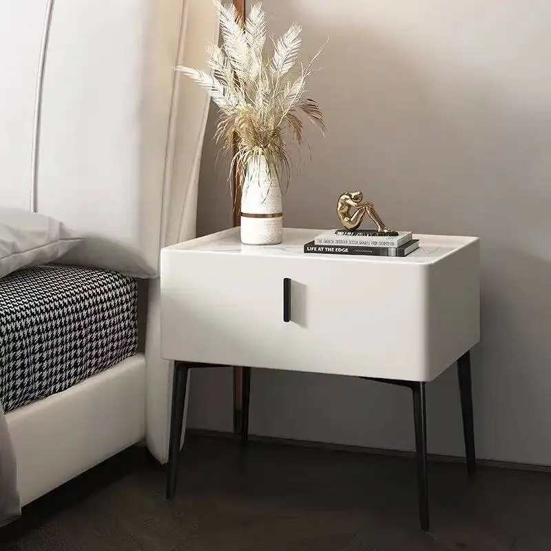

Rock board bedside table with a sense of luxury, modern and simple, solid wood leather Nordic bedroom bedside table