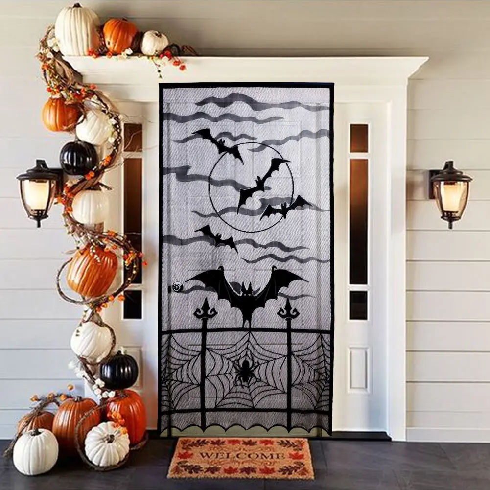 OurWarm  Halloween Curtains Black Bat Halloween Lace Window Curtain Lace Door Curtain Panels for Halloween Window Decoration